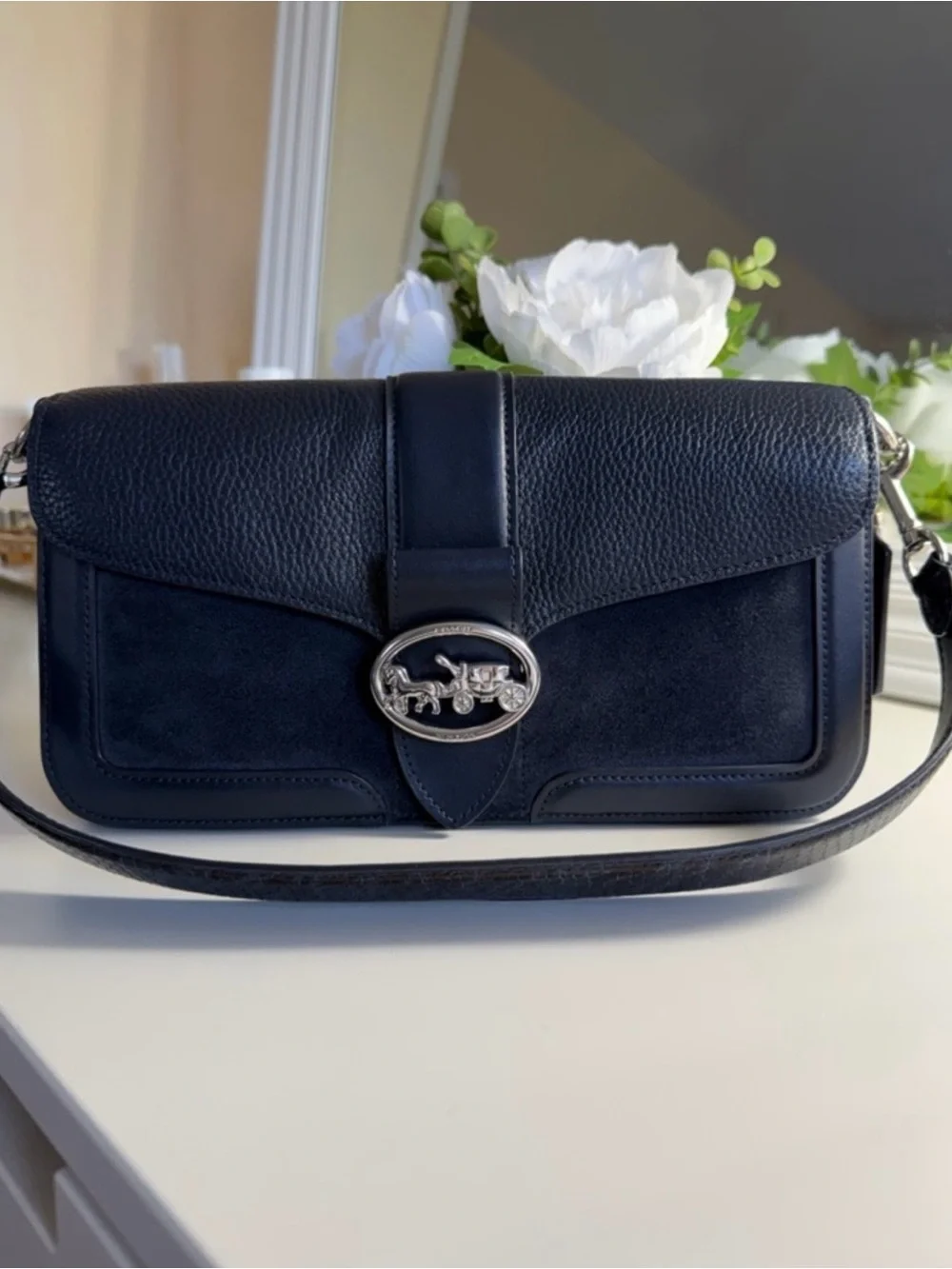 Coach Dark Blue Leather & Suede Shoulder Bag with Silver Horsebit